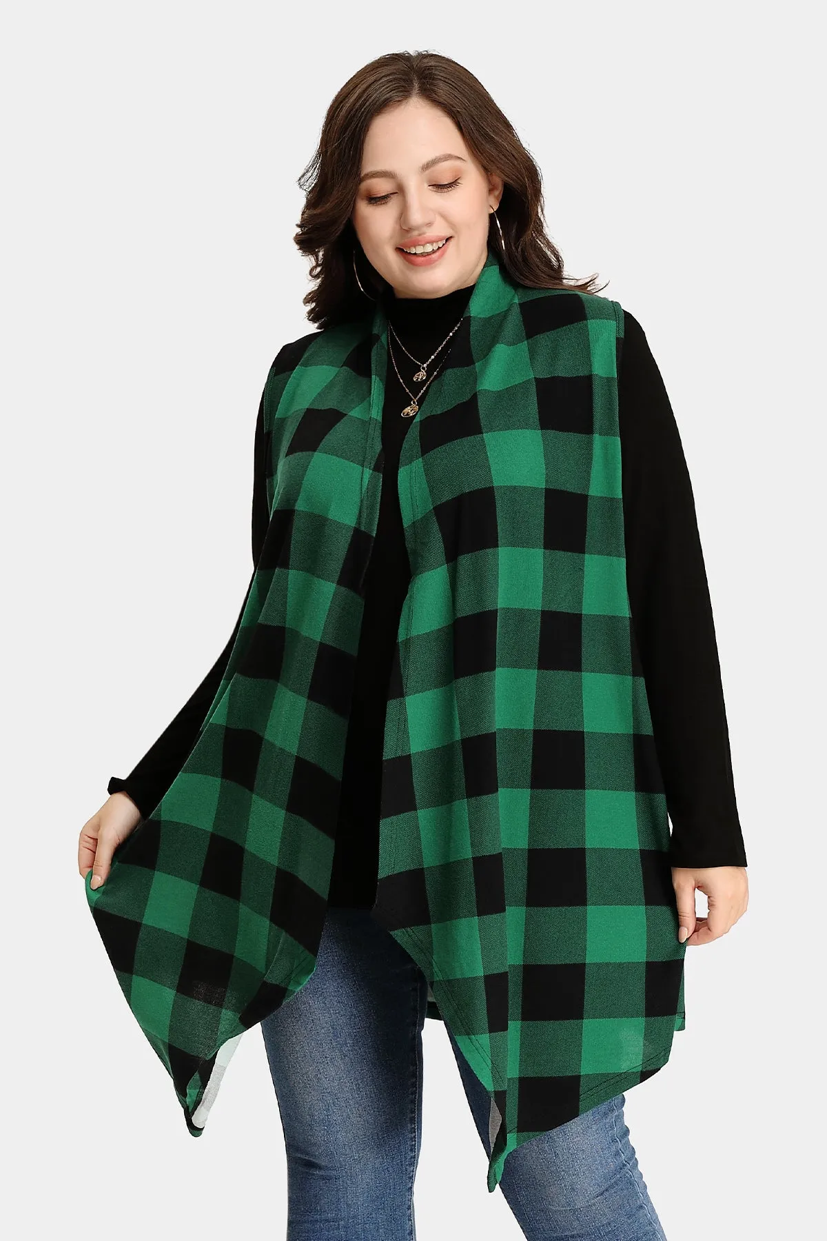 Plaid Stripe Design Long Sleeveless Coat