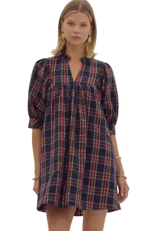 Plaid V-Neck Puff Mini Dress With Pockets