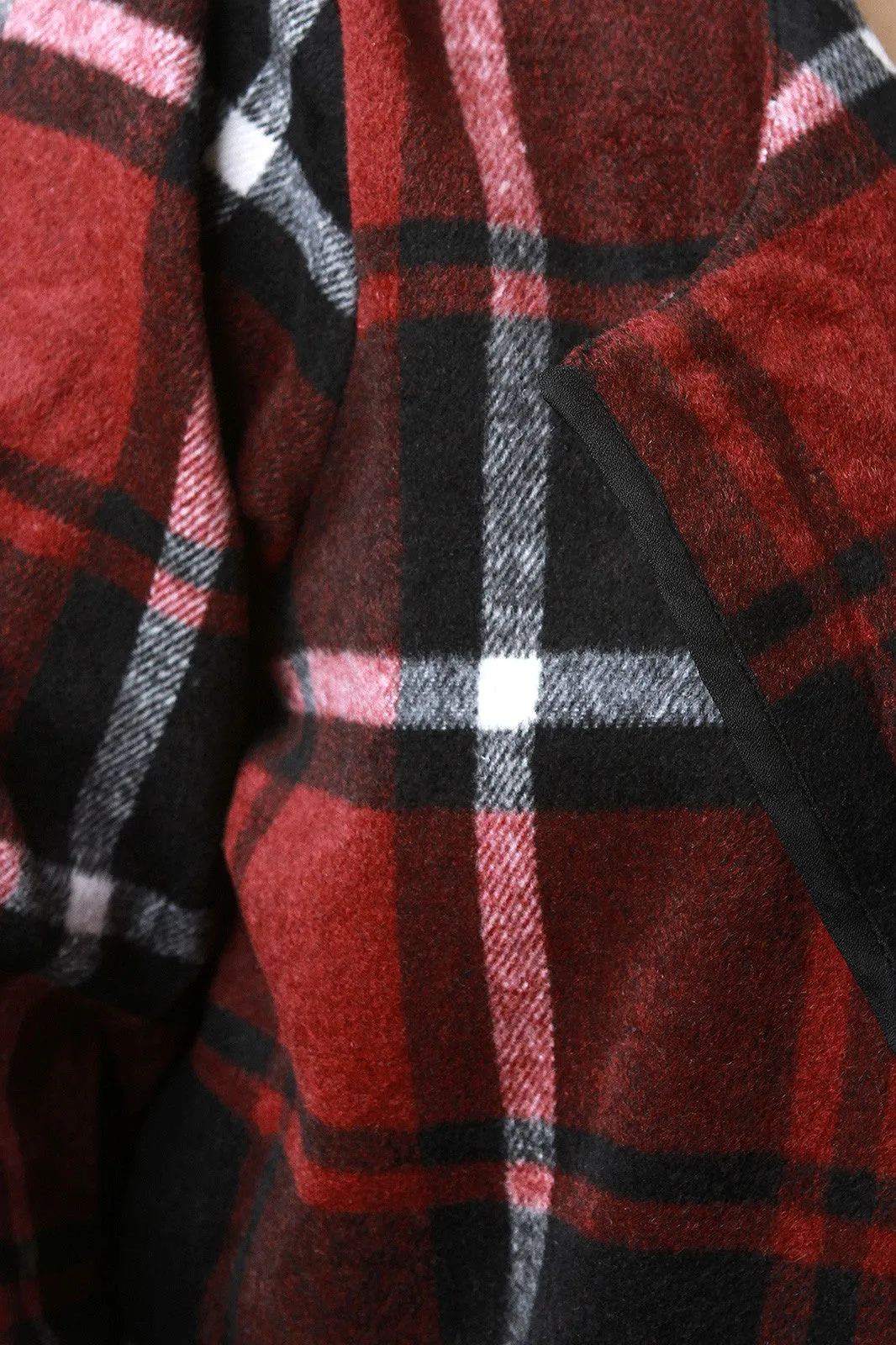 Plaid Wool Pocketed Open Front Trench Coat