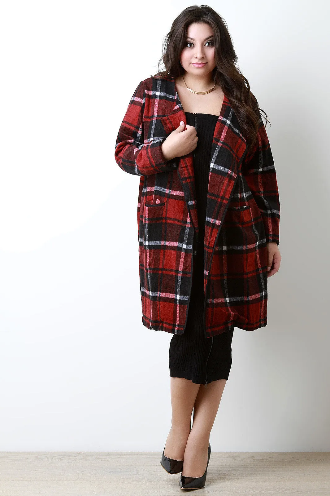 Plaid Wool Pocketed Open Front Trench Coat