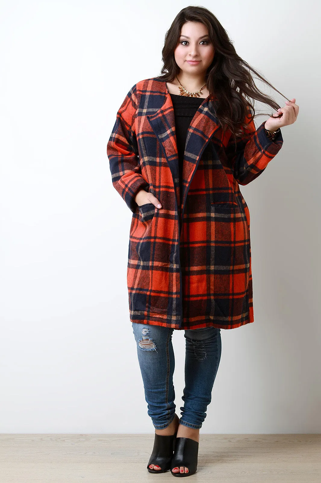 Plaid Wool Pocketed Open Front Trench Coat