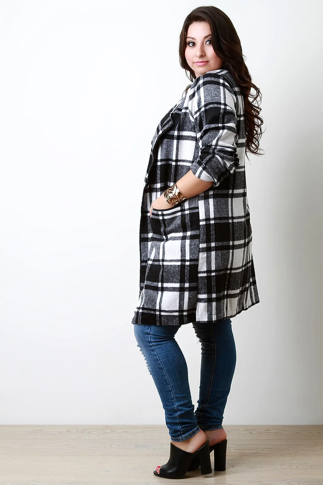 Plaid Wool Pocketed Open Front Trench Coat