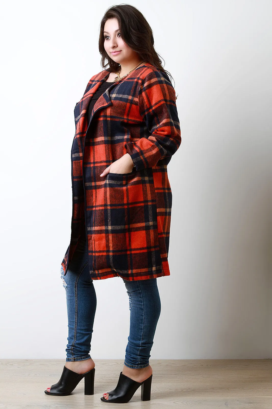 Plaid Wool Pocketed Open Front Trench Coat