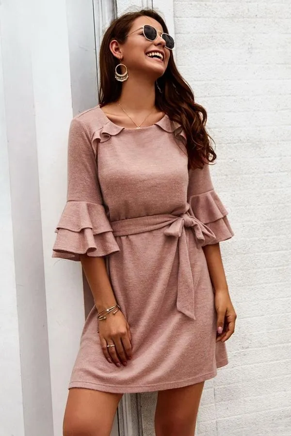 Plain Round Neck Belt Dress