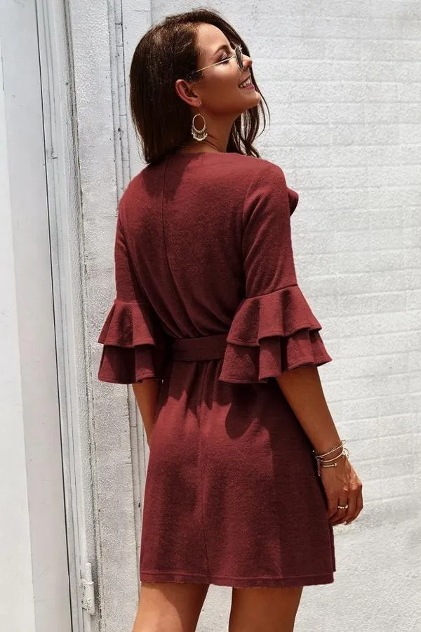 Plain Round Neck Belt Dress