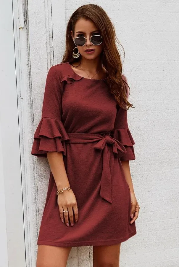 Plain Round Neck Belt Dress