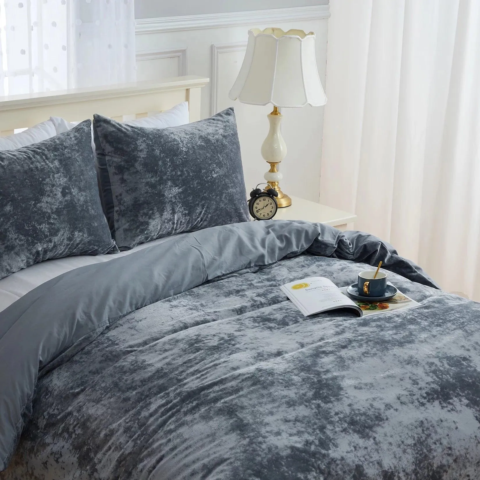 Plain Velvet Duvet Set Grey