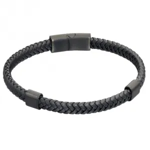 Plaited Black Leather Black IP Bracelet B5415