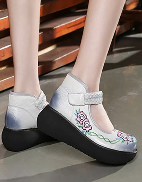 Platform Round Head Buckle Embroidered Ethnic Shoes