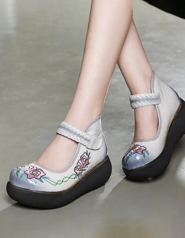 Platform Round Head Buckle Embroidered Ethnic Shoes