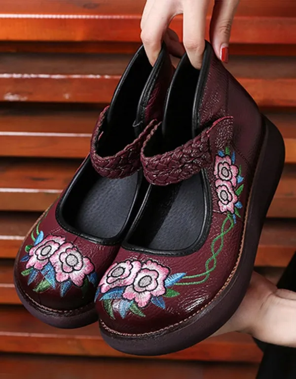 Platform Round Head Buckle Embroidered Ethnic Shoes