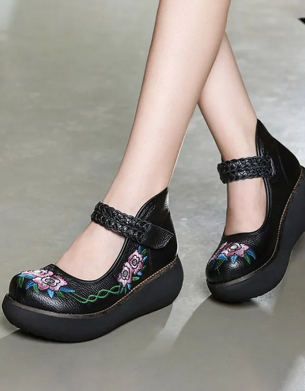 Platform Round Head Buckle Embroidered Ethnic Shoes