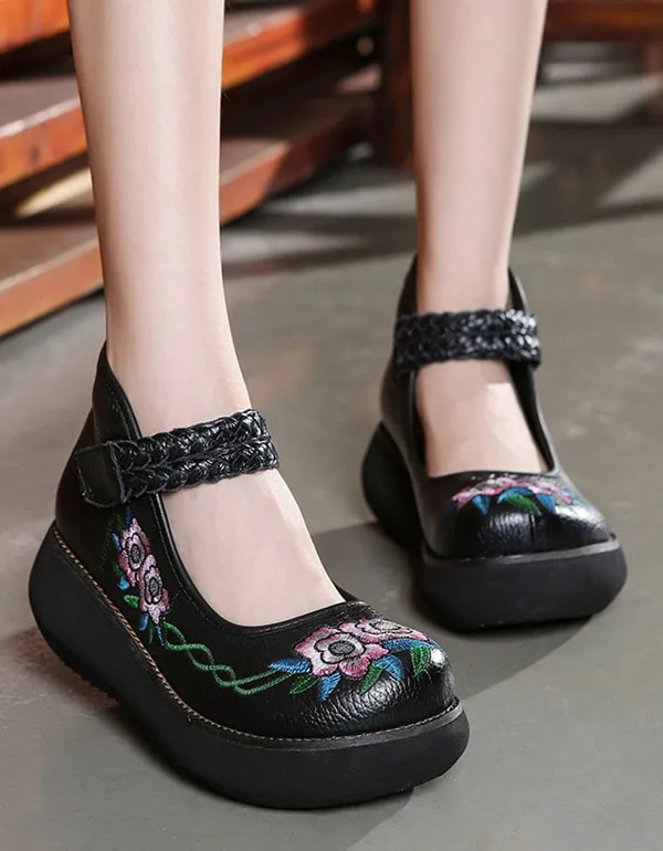 Platform Round Head Buckle Embroidered Ethnic Shoes