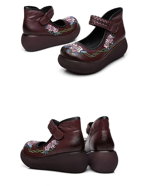 Platform Round Head Buckle Embroidered Ethnic Shoes