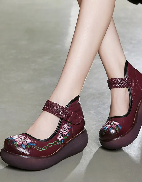 Platform Round Head Buckle Embroidered Ethnic Shoes