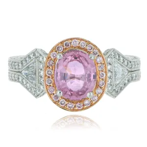 Platinum and 18k Rose Gold Vintage Style Pink Sapphire and Diamond Ring