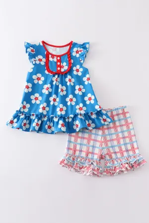 Platinum Blue & white floral print ruffle girl set