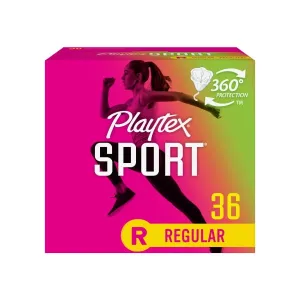 Playtex Sport Regular Plastic Applicator Unscented Tampons, 36 Ct, 360 Degree Sport Level Period Protection, Traps Leaks, No-Slip Grip Applicator, Moves With You