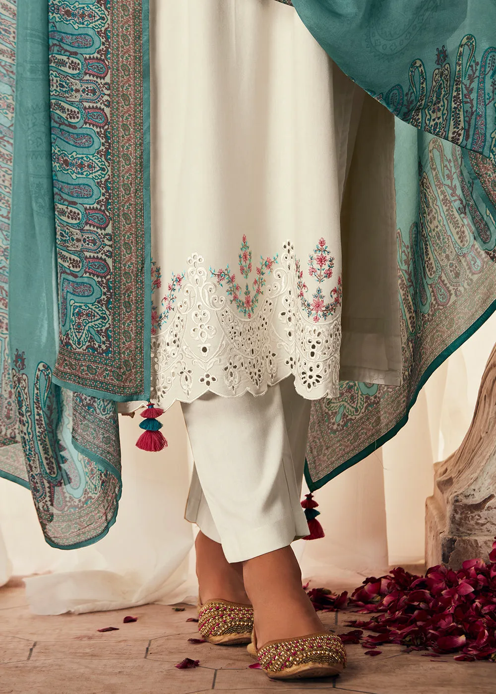 Pleasing White Suzani Inspired Embroidered Ethnic Salwar Suit