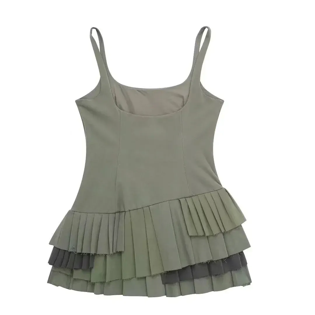 Pleated 2024 Slip Square Elegant Sleeveless Collar Summer Spring Pitch Fashion Green Dress