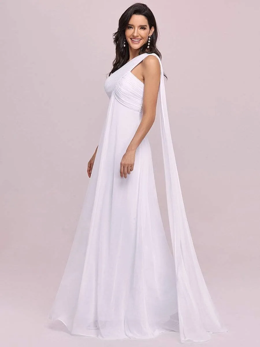 Pleated Bodice One Shoulder Simple Wedding Dress with Long Sash