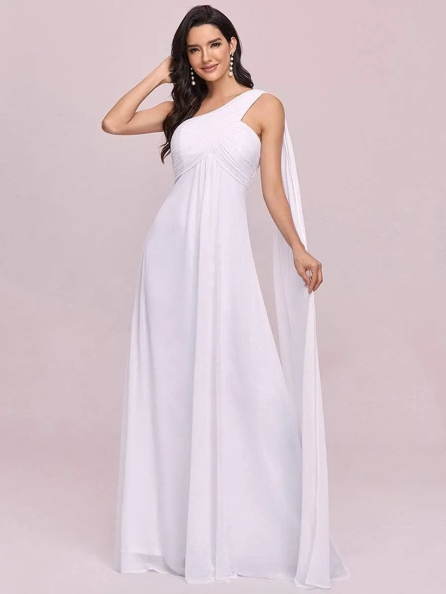 Pleated Bodice One Shoulder Simple Wedding Dress with Long Sash