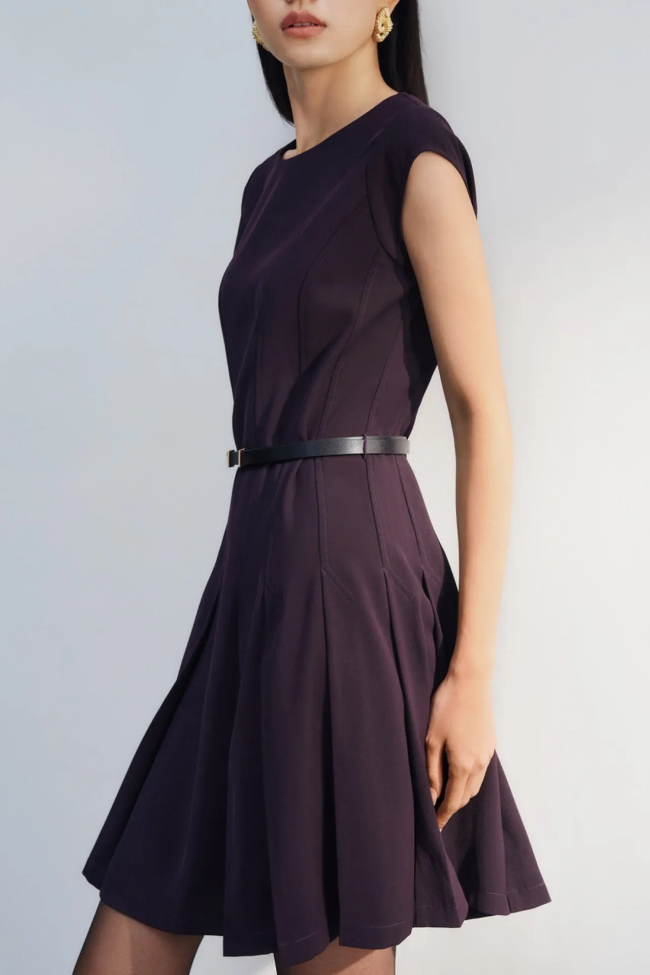 Pleated Fit & Flare Dress With Belt