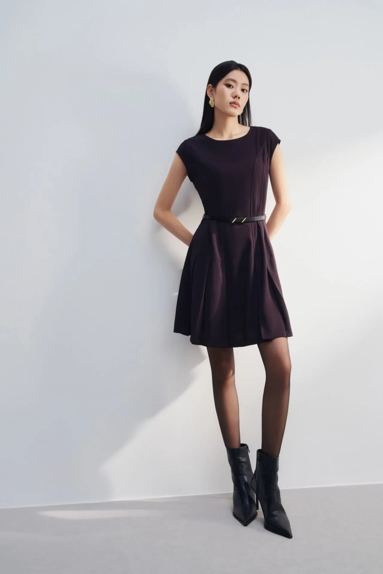 Pleated Fit & Flare Dress With Belt