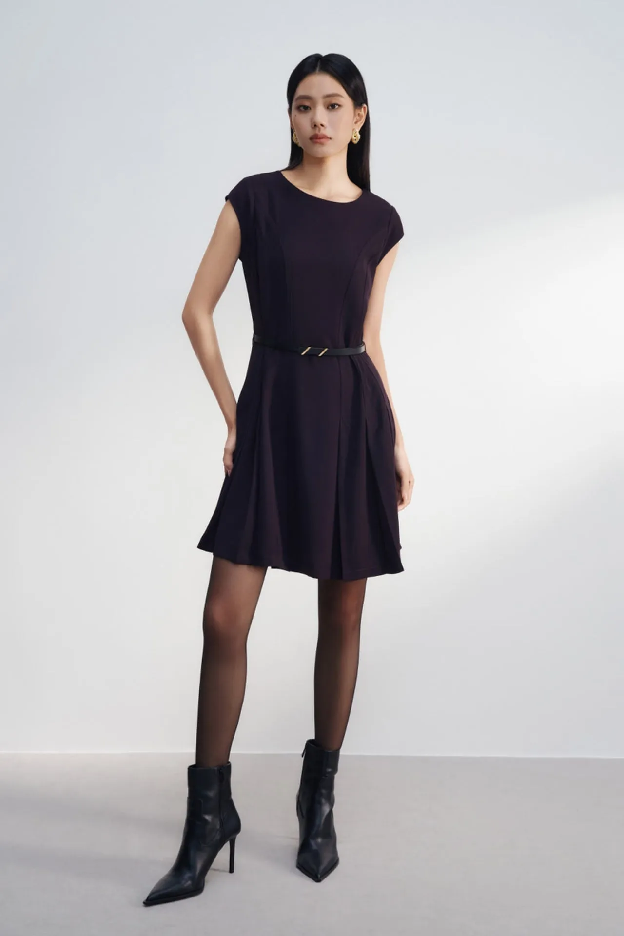 Pleated Fit & Flare Dress With Belt