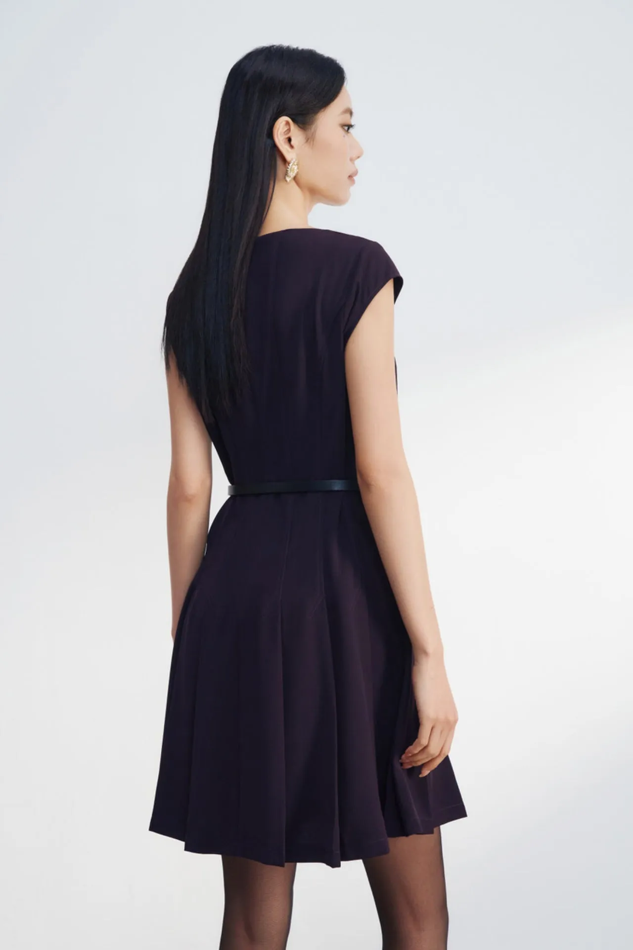 Pleated Fit & Flare Dress With Belt