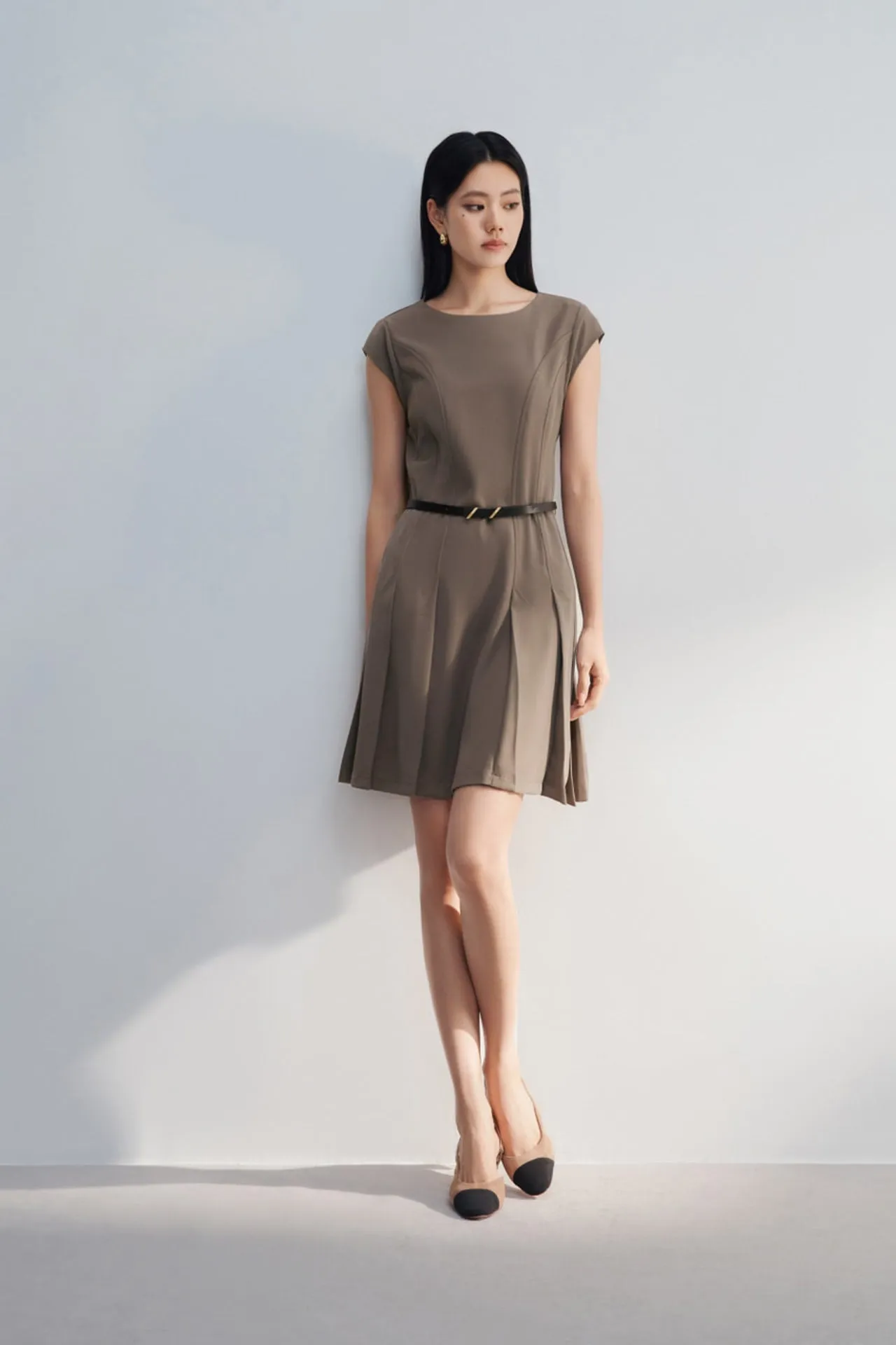 Pleated Fit & Flare Dress With Belt