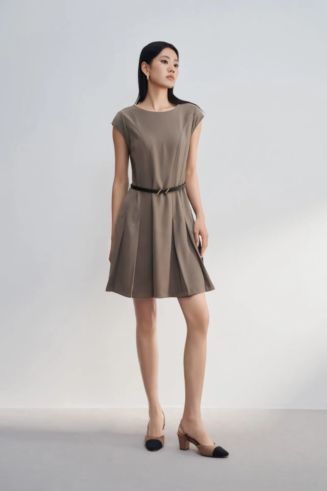 Pleated Fit & Flare Dress With Belt