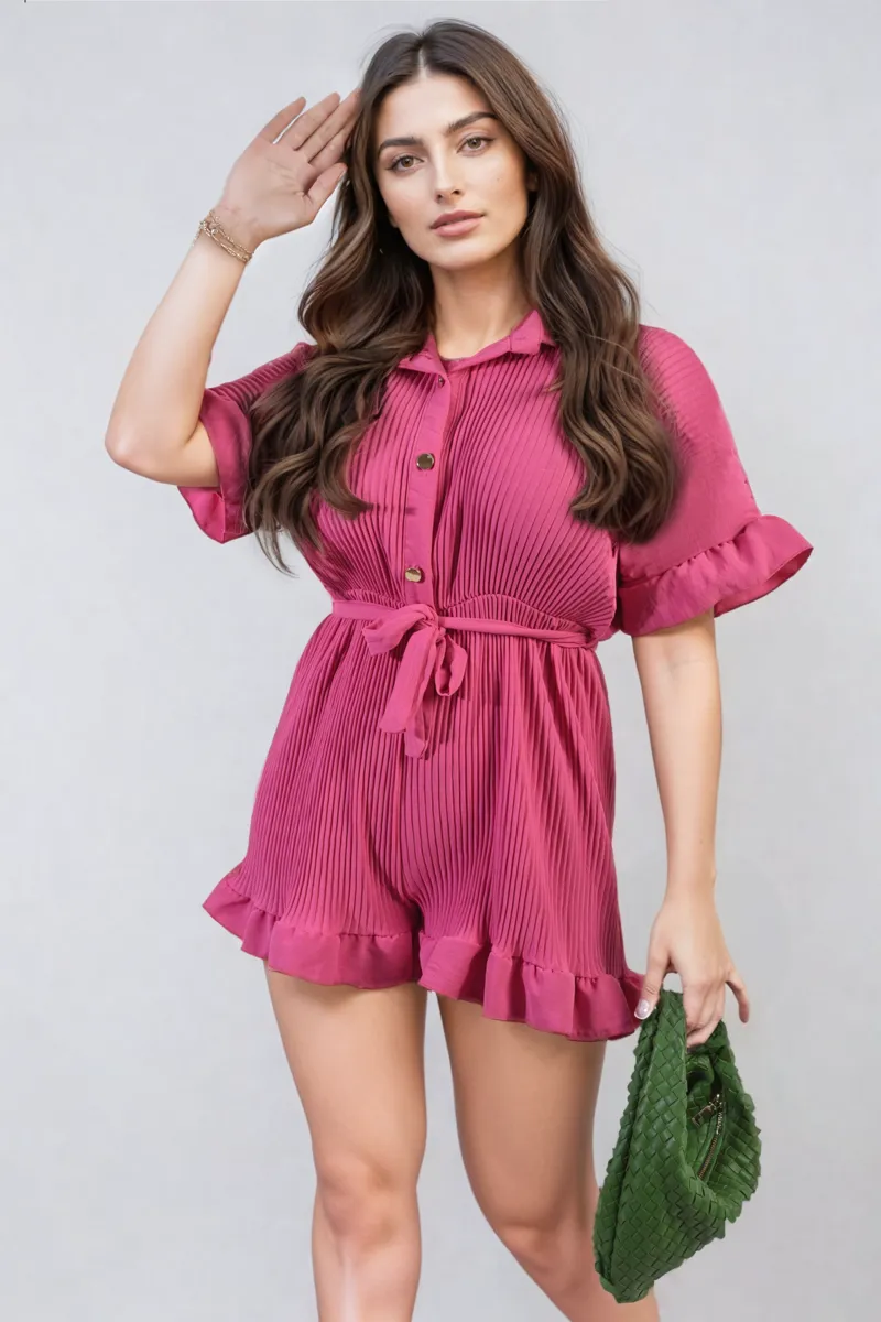 Pleated Frill Ruffle Tie Waist Playsuit