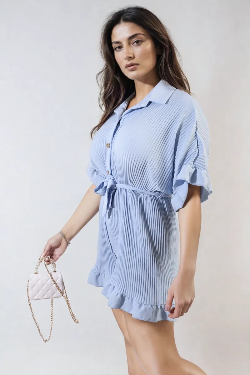 Pleated Frill Ruffle Tie Waist Playsuit