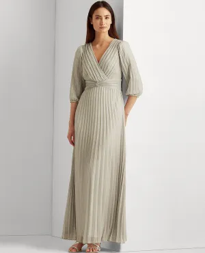 Pleated Metallic Georgette Gown In Silver