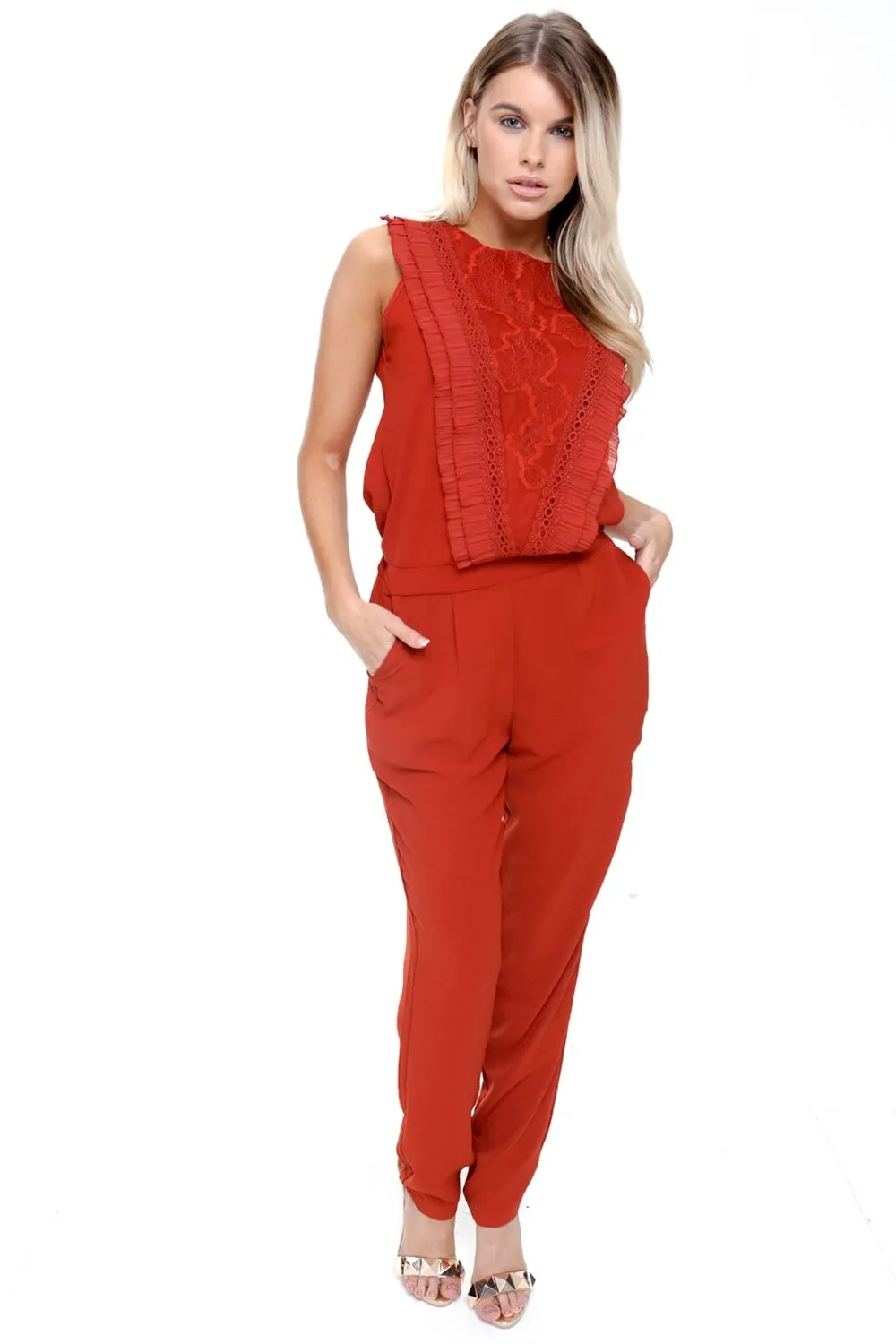 Pleated Ruffle Lace Detail Pocket Smart Jumpsuit