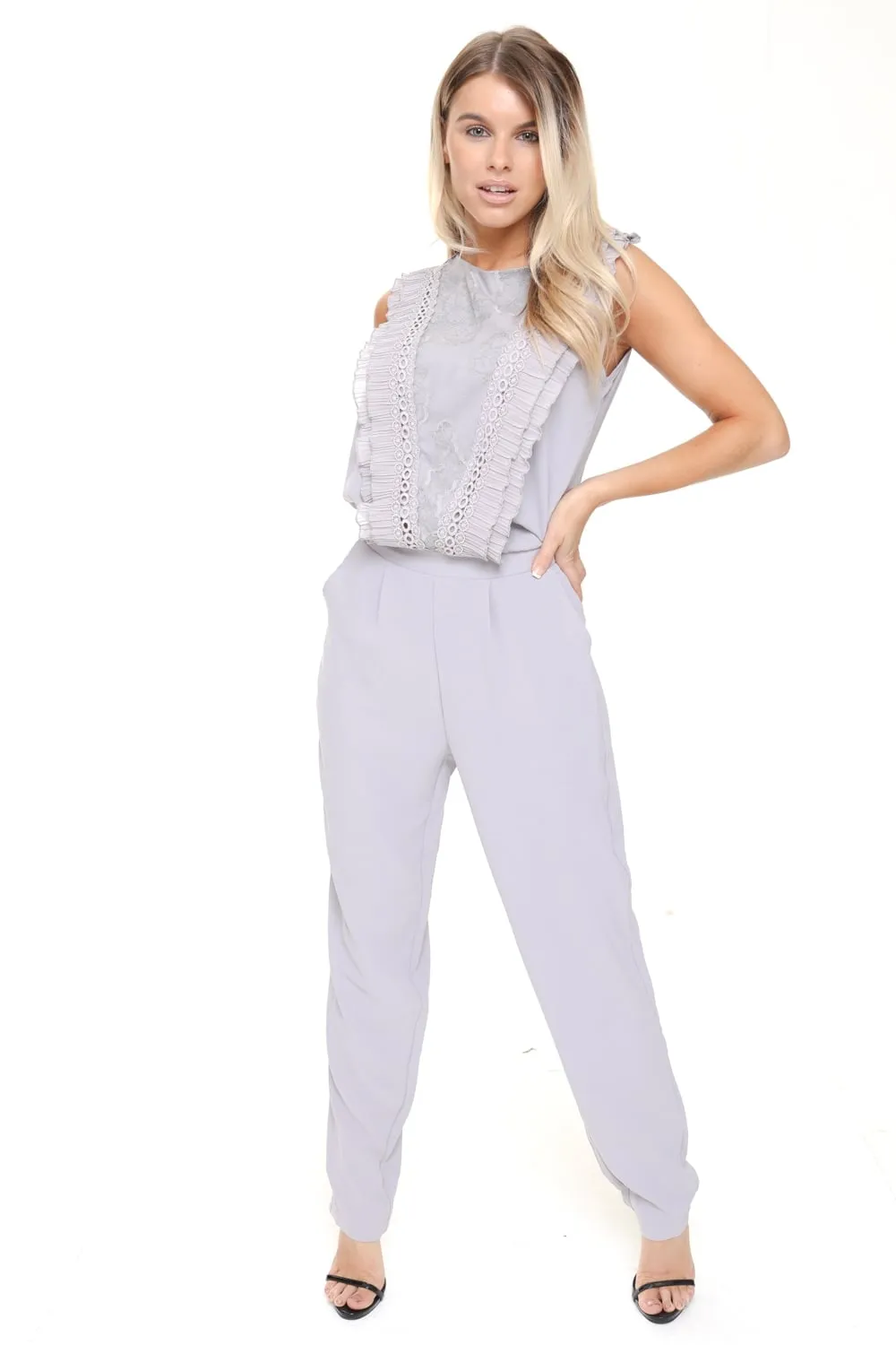 Pleated Ruffle Lace Detail Pocket Smart Jumpsuit