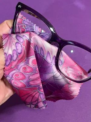 Plum Butterflies Glasses Cover & Cleaning Cloth - slip-on padded washable cover and microfibre cloth for glasses.