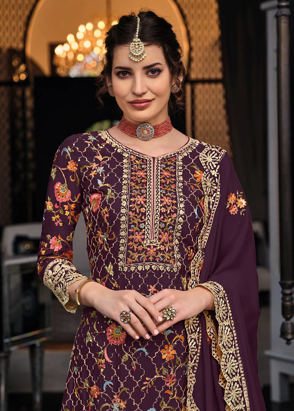 Plum Chinon & Georgette Designer Palazzo Salwar Suit