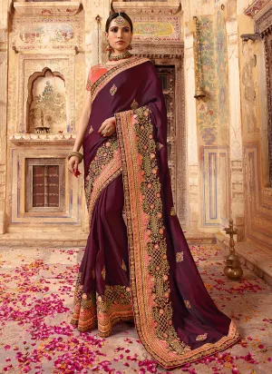 Plum Purple And Orange Zari Embroidered Traditional Saree