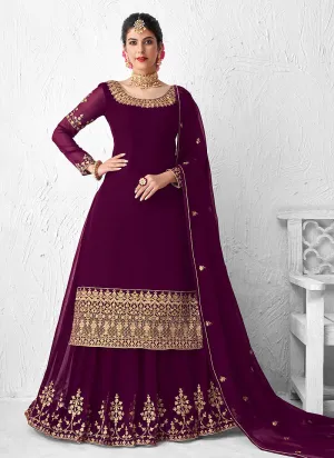 Plum Purple Golden Embroidered Sharara Suit