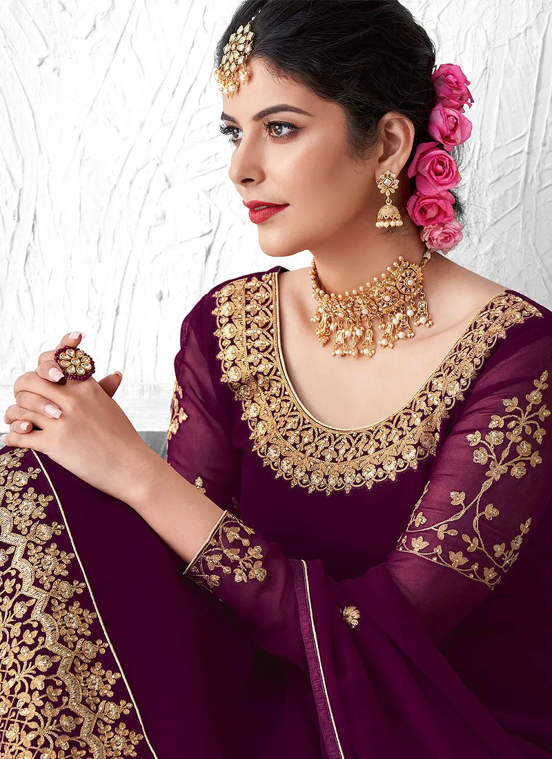 Plum Purple Golden Embroidered Sharara Suit