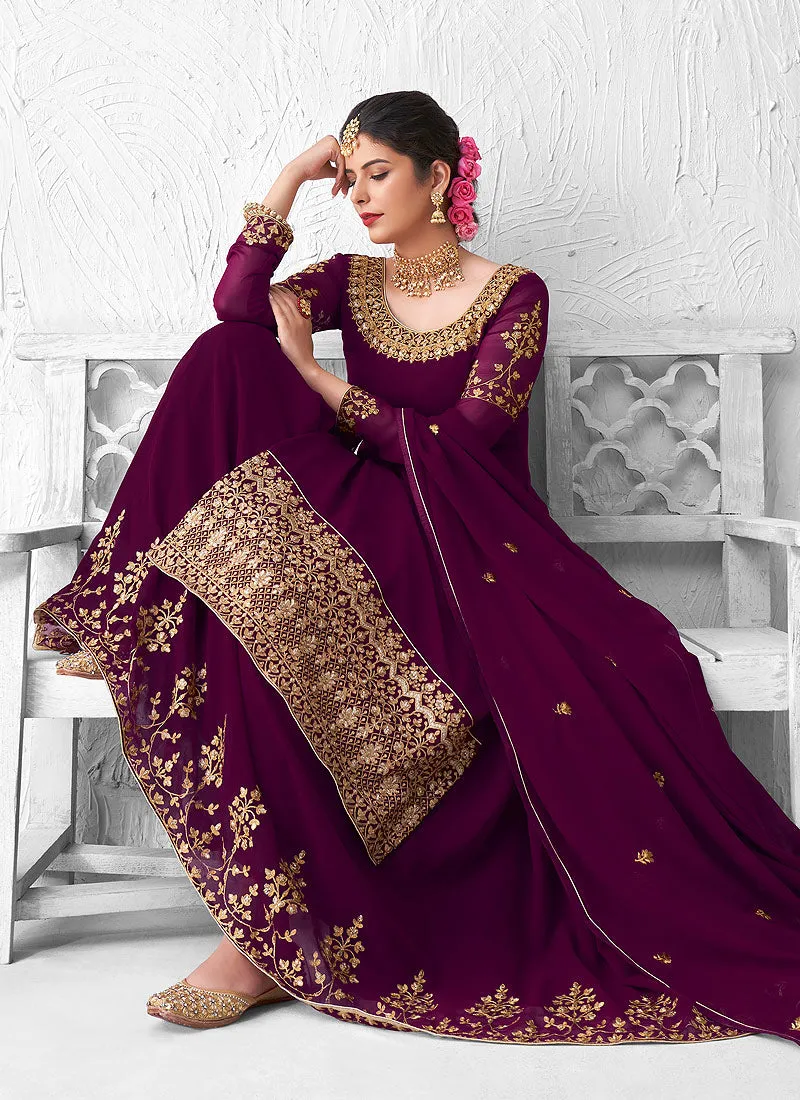 Plum Purple Golden Embroidered Sharara Suit