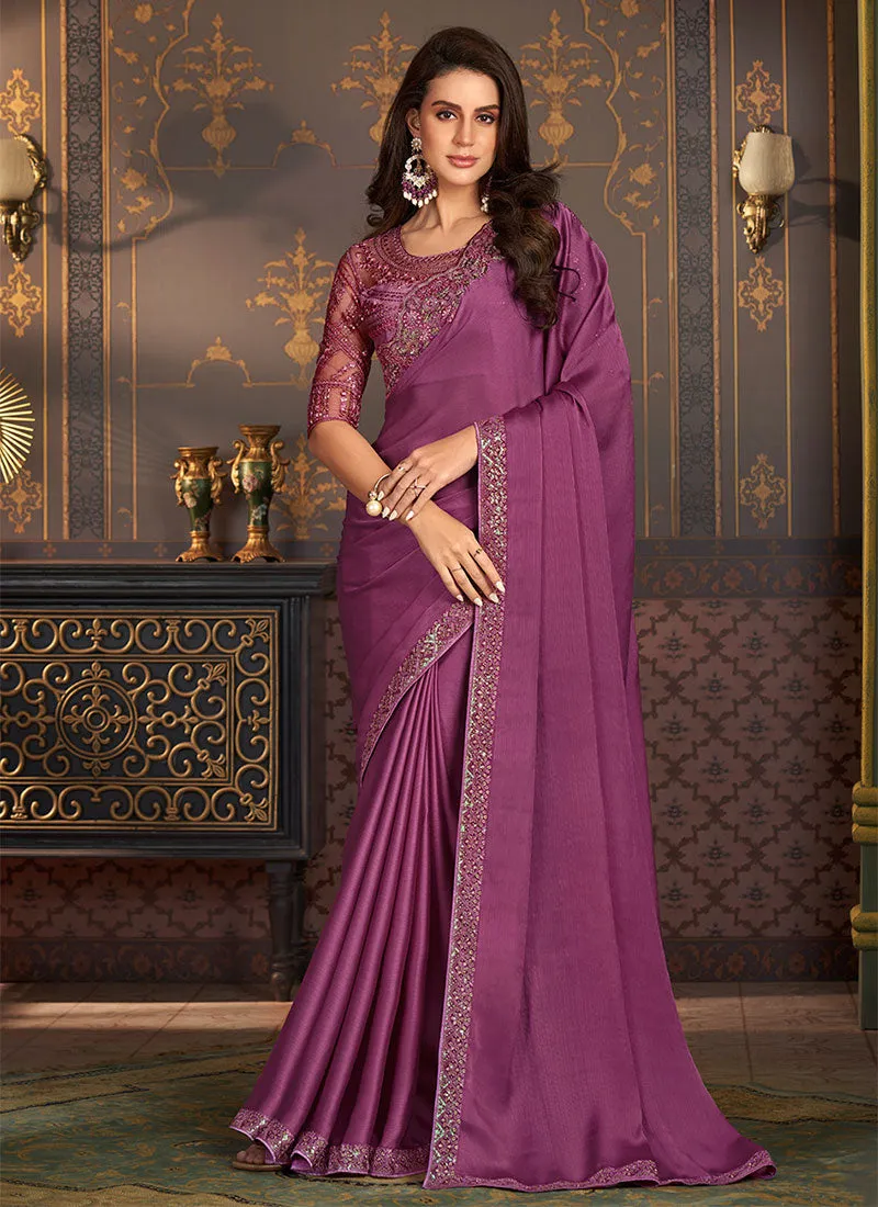 Plum Purple Sequence Embroidery Designer Silk Saree