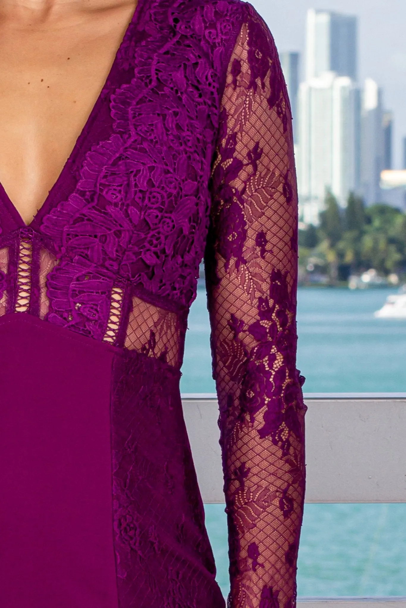 Plum Short Dress with Lace Sleeves