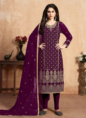 Plum Zari Embroidered Designer Pant Suit