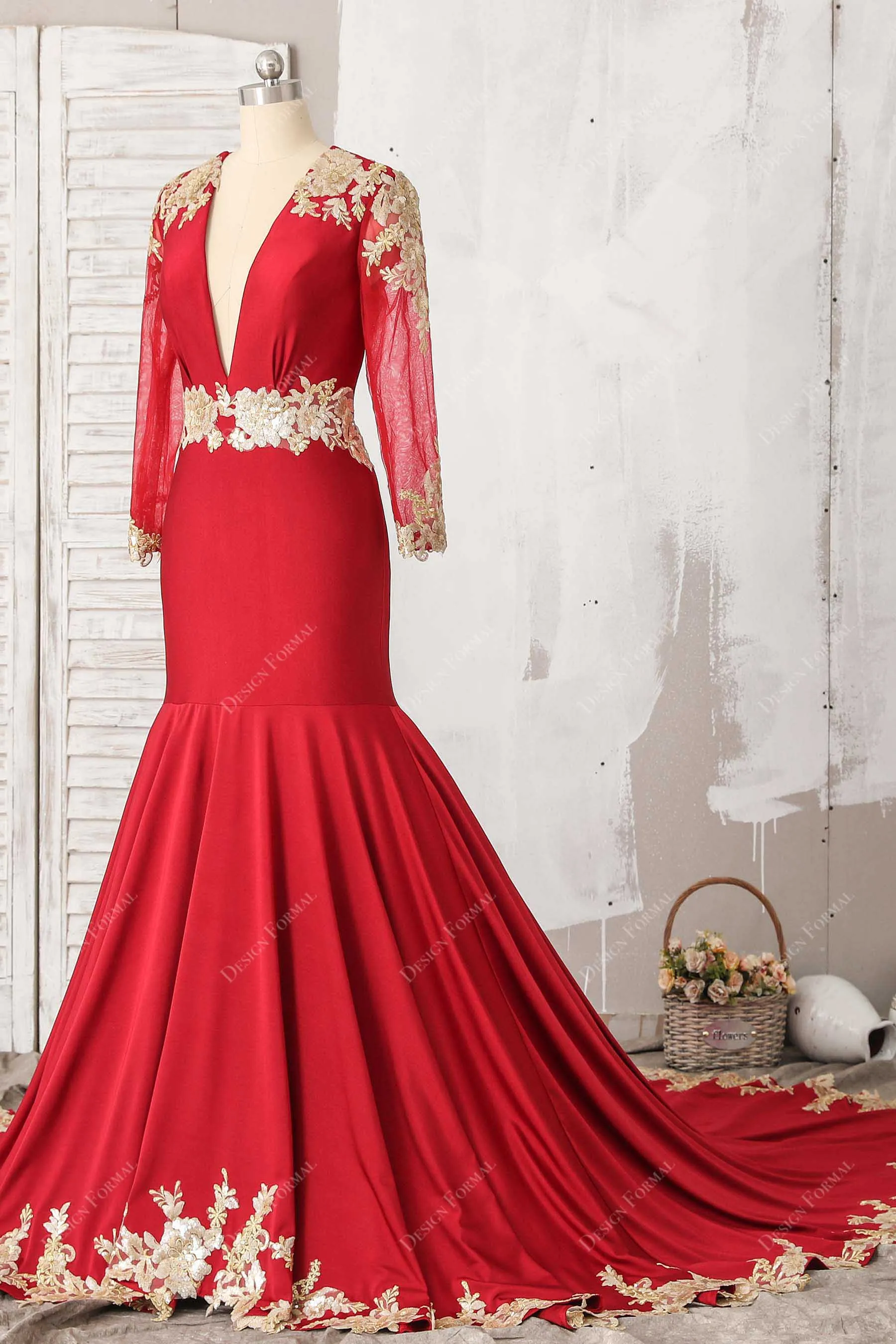 Plunge Red Jersey Gold Lace Cutout Back Dramatic Mermaid Prom Dress