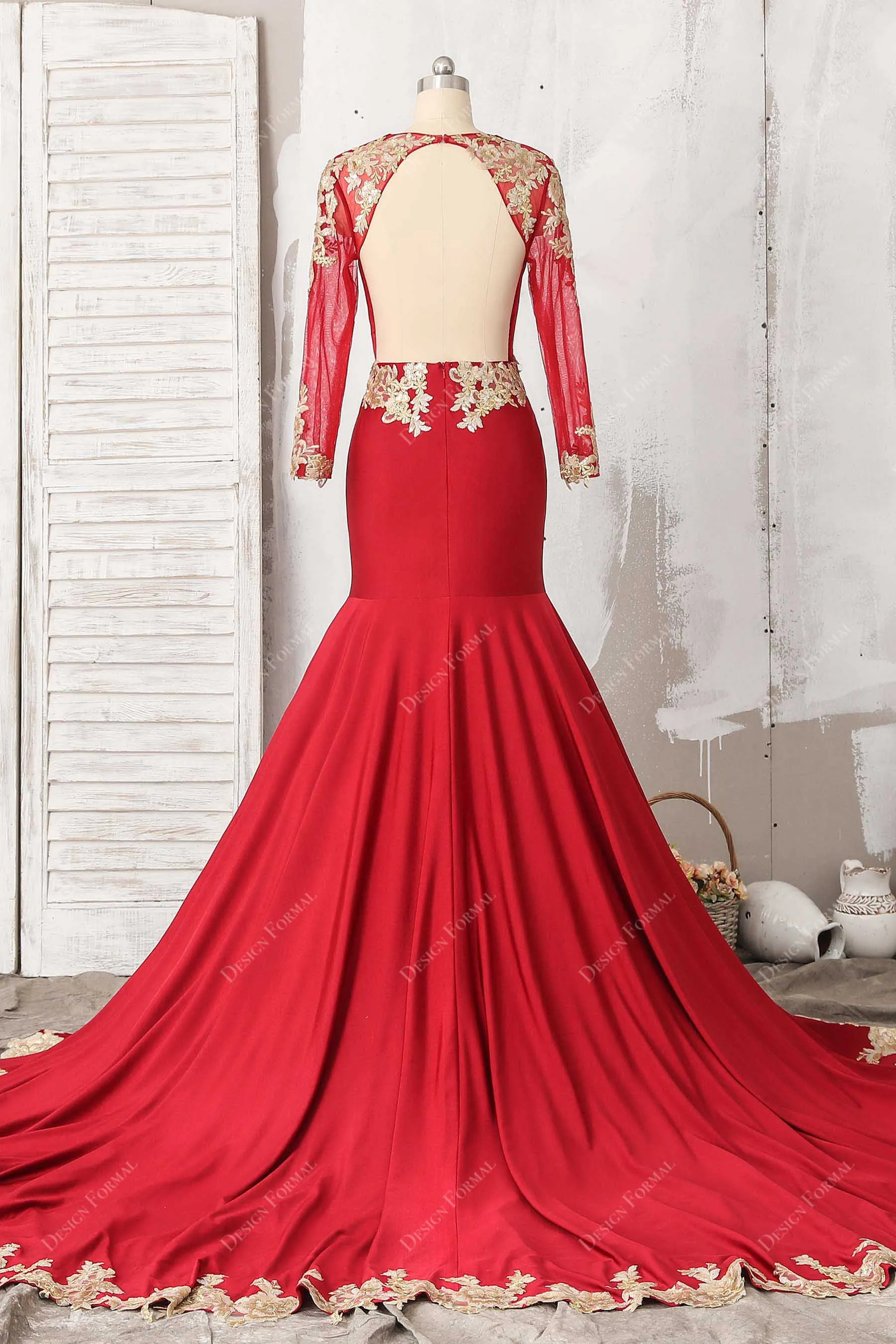 Plunge Red Jersey Gold Lace Cutout Back Dramatic Mermaid Prom Dress