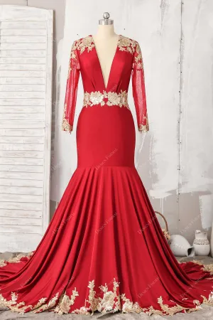 Plunge Red Jersey Gold Lace Cutout Back Dramatic Mermaid Prom Dress