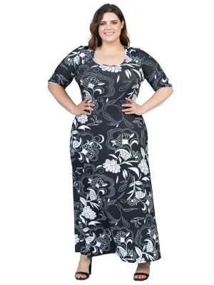 Plus Size  Black and White Elbow Sleeve Casual A Line Maxi Dress